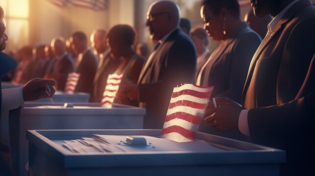 Group of people gathered around a voting booth, ready to cast their votes. Ideal for illustrating the democratic process and civic engagement