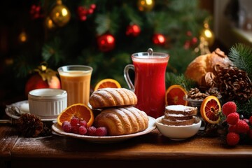 Poster - A wooden table displaying a variety of delicious food and refreshing drinks. Perfect for showcasing a feast or setting up a dining scene.