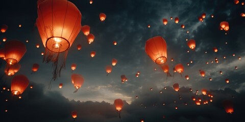 Poster - A captivating image of a sky filled with lots of red paper lanterns. Perfect for adding a touch of vibrant color to any project or event