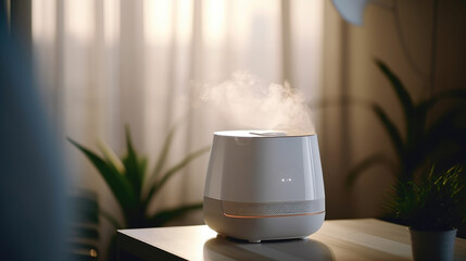 Poster - A white humidifier sits on top of a wooden table. Suitable for home or office use