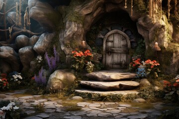 Poster - A stone pathway leads to a door in a cave. Perfect for adventure and mystery-themed designs