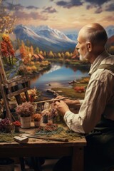 Poster - A man is painting a picture on an easel. This image can be used for artistic concepts and creative processes