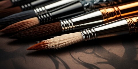Aufkleber - A close-up view of a bunch of brushes arranged neatly on a table. This image can be used for various artistic and creative purposes