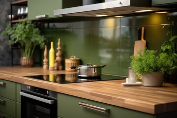 Aufkleber - A simple and elegant kitchen counter with a potted plant. This image can be used to showcase a clean and organized kitchen space, or to add a touch of nature to interior design projects