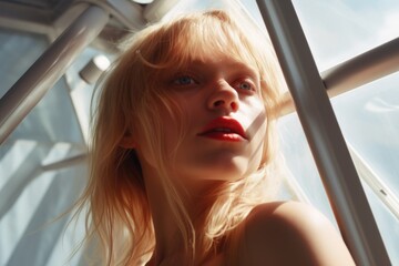 Poster - A woman with long blonde hair looking out a window. Perfect for depicting introspection or daydreaming