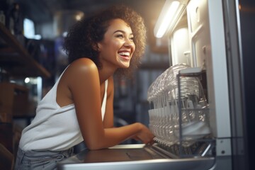 Poster - A woman with a smile on her face as she looks into an open refrigerator. This image can be used to depict happiness, food choices, and healthy eating habits