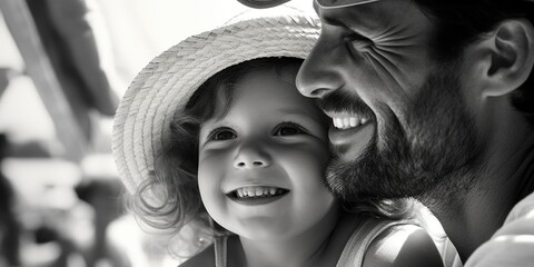 Sticker - A heartwarming image of a man and a little girl smiling at each other. Perfect for family and happiness concepts