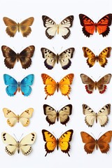 Poster - A collection of butterflies resting on a white surface. This image can be used to depict nature, biodiversity, beauty, or as a decorative element in various designs