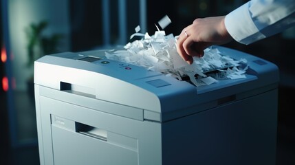 Aufkleber - A person is operating a paper shredder. This image can be used to illustrate data security, document destruction, or office equipment.