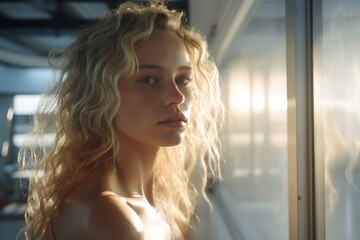 Poster - A woman with long blonde hair standing in front of a window. Perfect for interior design or lifestyle concepts