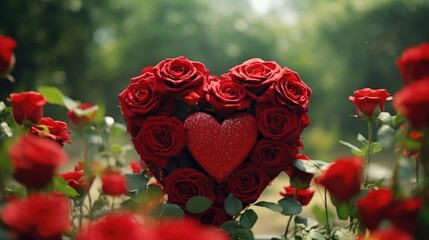 Poster - A heart made out of red roses in a field. Perfect for romantic occasions and love-themed designs