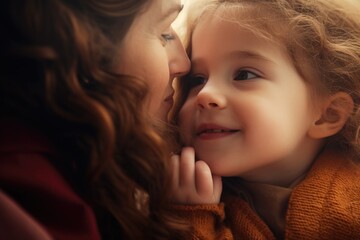 Poster - A woman and a little girl are sharing a heartfelt moment as they look into each other's eyes. This image captures the bond between generations and the love shared within a family.