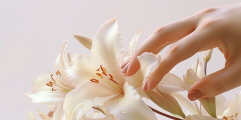 Poster - A woman's hand delicately holds a beautiful flower in a glass vase. Perfect for adding a touch of elegance and nature to any project or design