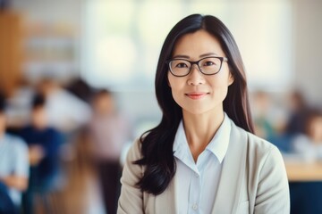 Poster - A woman wearing glasses stands amidst a bustling room full of people. This image can be used to depict a variety of scenarios and settings