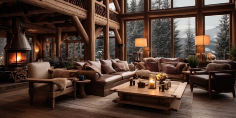 Poster - A warm and inviting living room filled with stylish furniture and a crackling fire in the fireplace. Perfect for creating a cozy atmosphere in any home