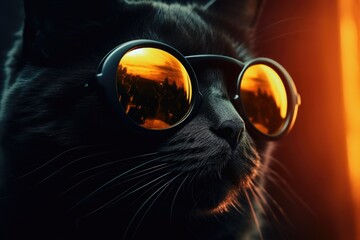 Aufkleber - A black cat wearing sunglasses with the reflection of a city. Perfect for adding a touch of coolness and urban vibe to your designs