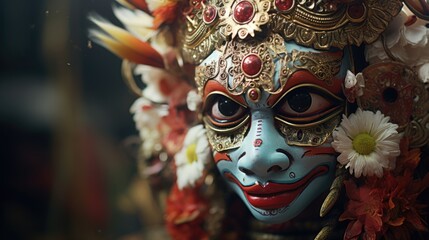 Poster - A close-up view of a mask adorned with beautiful flowers. Perfect for adding a touch of elegance to any event or celebration
