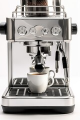 Poster - A coffee machine with a cup of freshly brewed coffee. Perfect for illustrating the concept of morning routines or a cozy coffee break.