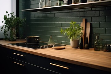 Poster - A kitchen counter with a potted plant. Suitable for home decor and kitchen design themes