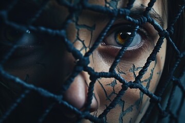 Poster - A close up view of a person standing behind a fence. This image can be used to depict concepts of confinement, privacy, or exclusion