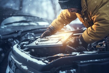 Aufkleber - A man is seen working on a car in snowy conditions. This image can be used to depict winter car maintenance or the challenges of vehicle repair in cold weather
