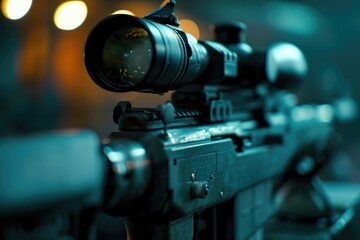 Poster - A close-up view of a rifle with a light attachment. This image can be used to depict military, law enforcement, or hunting themes