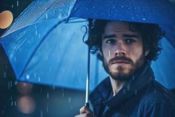 Poster - A man standing in the rain, holding an umbrella. Perfect for illustrating protection against the elements