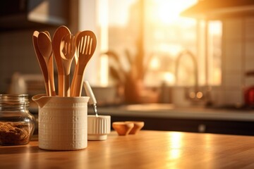 Aufkleber - A wooden table with a variety of wooden utensils. Perfect for food-related projects or rustic-themed designs