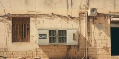 Poster - An air conditioner sitting on the side of a building. Can be used to illustrate cooling systems or energy efficiency