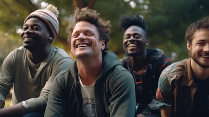 Poster - A group of young men sitting next to each other. Suitable for team building, friendship, and socializing concepts