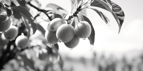 Poster - A cluster of ripe and colorful fruit hanging from a tree. Perfect for adding a touch of nature to your designs