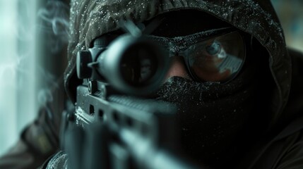 Aufkleber - A man wearing a hooded jacket is holding a gun. This image can be used to depict criminal activities or law enforcement scenarios