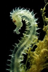 Poster - A detailed close-up of a seahorse resting on a plant. Perfect for marine life enthusiasts or educational materials about seahorses