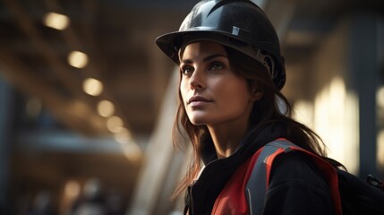 Poster - A woman wearing a hard hat and vest, ready for work. This image can be used to depict construction, engineering, or safety concepts