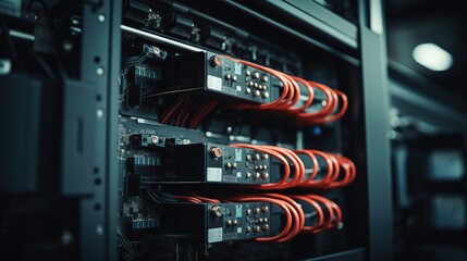 Poster - A detailed view of a bunch of wires neatly arranged in a rack. Suitable for technology, connectivity, or networking concepts