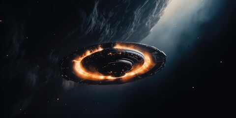 Aufkleber - A space station with a captivating ring of fire in the middle. This image can be used to depict a futuristic space exploration concept or as a background for science fiction-themed projects