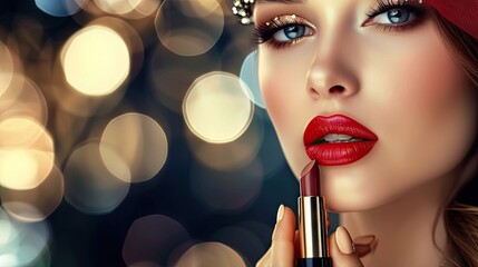 Wall Mural - Beautiful woman applying red lipstick over bokeh lights background