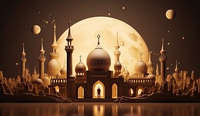 Wall Mural - A golden moon with a mosque and a crescent, in the style of handcrafted designs, mysterious backdrops, dark bronze and light beige, festive atmosphere