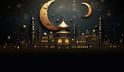 Wall Mural - A golden moon with a mosque and a crescent, in the style of handcrafted designs, mysterious backdrops, dark bronze and light beige, festive atmosphere