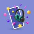 3d professional Headphones, Smartphone. Music streaming. Online music listening service app. Cartoon Style. Vector 3d illustration