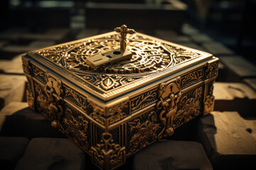Poster - An ornate key unlocking a treasure chest signifies the discovery of valuable insights and solutions, embodying the concept of unlocking success through knowledge and innovation. Generative Ai.