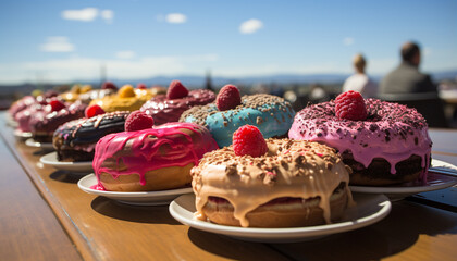 Wall Mural - Freshly baked homemade donuts, a sweet summer birthday celebration generated by AI