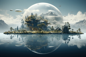 Wall Mural - A surreal, abstract landscape with floating islands and dreamlike elements, creating an imaginative background for creative and artistic text. Generative Ai.