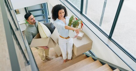 Canvas Print - Couple, new house and boxes for moving, planning interior design and talking of ideas on stairs, property or real estate. Happy interracial people with cardboard, plants or vision of their home above