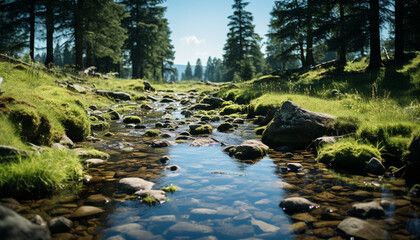 Poster - Tranquil scene of a green forest reflecting sunlight generated by AI