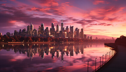 Sticker - Skyscrapers reflect in tranquil waterfront at dusk generated by AI