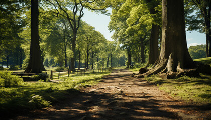 Wall Mural - Green leaves on tree branches create a tranquil forest generated by AI