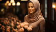 A beautiful young woman in hijab, standing outdoors, looking at camera generated by AI