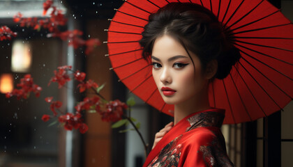 Poster - Beautiful geisha in traditional clothing, looking at camera with elegance generated by AI