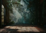 Fototapeta  - room wooden floor wall theatrical scenery deep jungle texture lost place theater dressing ancient garden behind vast empty hall dusty light actor